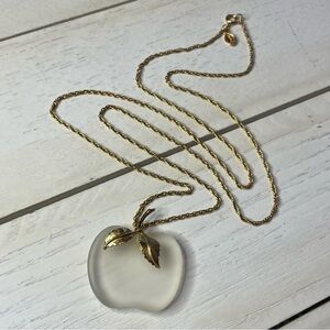 Vintage AVON Frosted Glass Apple Pendant Necklace Gold Tone Elegant!